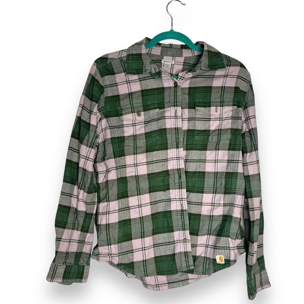 Carhartt Green Purple Flannel Shirt Size Medium Long Sleeve Plaid Collared Shirt